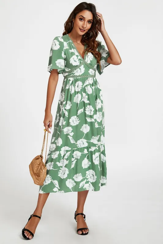 White Floral Print Lace Detail Angel Sleeve Midi Dress In Green - FS Collection