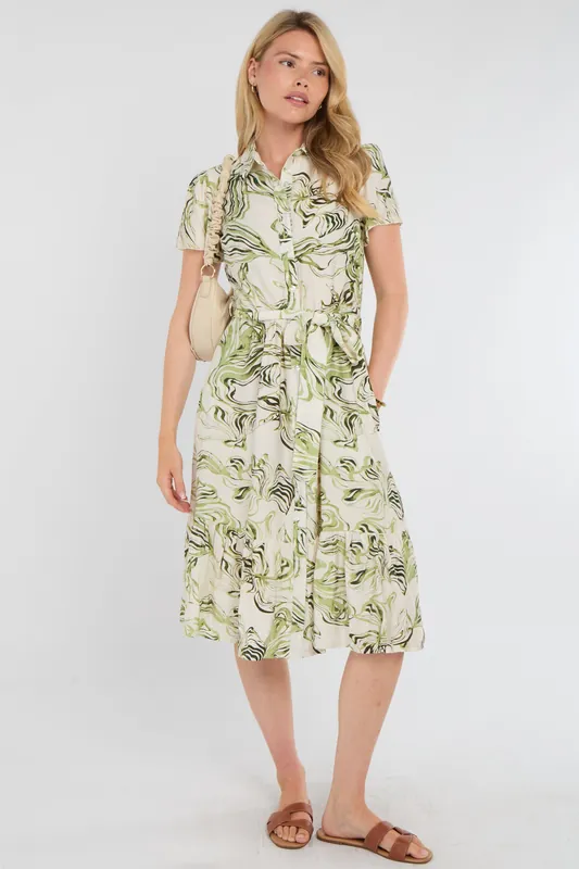 Green Swirl Print Linen-Blend Frilled Hem Midi Dress