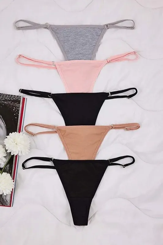 5 Pack Plain Adjustable Strap Thong Briefs - WOVCOR