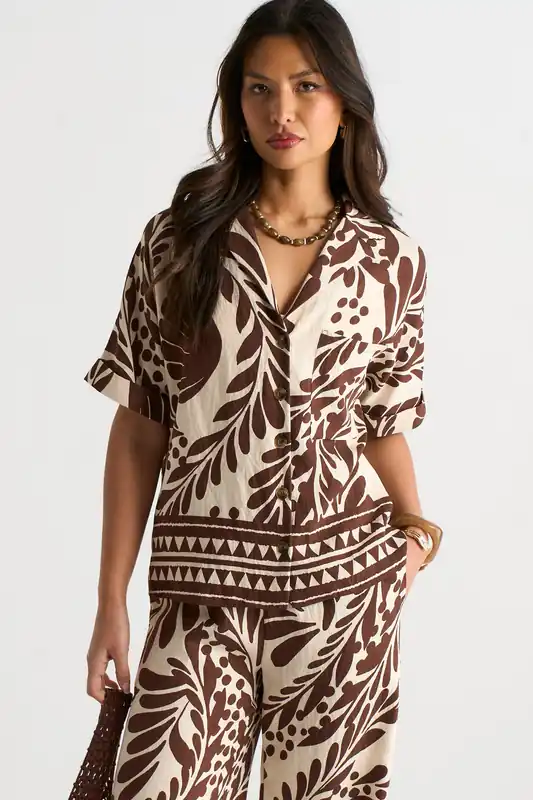Chocolate Border Print Resort Shirt - Gini London