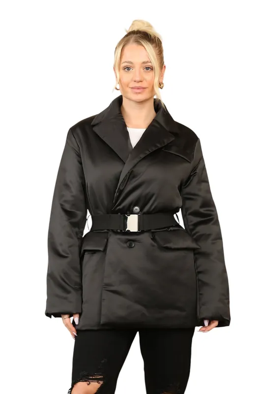 Luxury Black Puffer Jacket with a Belt - ELAINA FASHION
