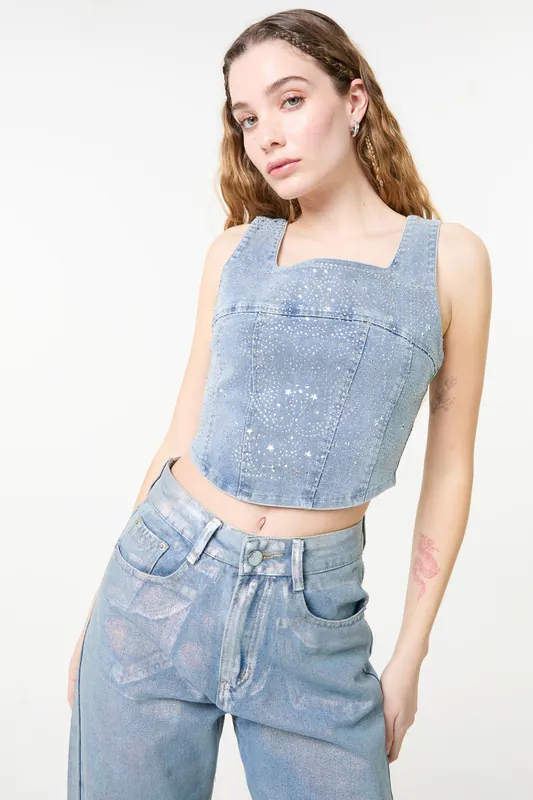 Light Blue Diamante Denim Corset Top - Pink Vanilla