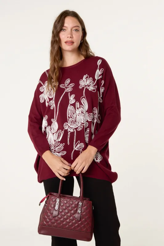 Red Embroidered Round Neck Jumper - Blue Vanilla