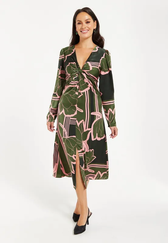 Geometric Floral Knot Front Midi Dress In Dark Green - Liquorish