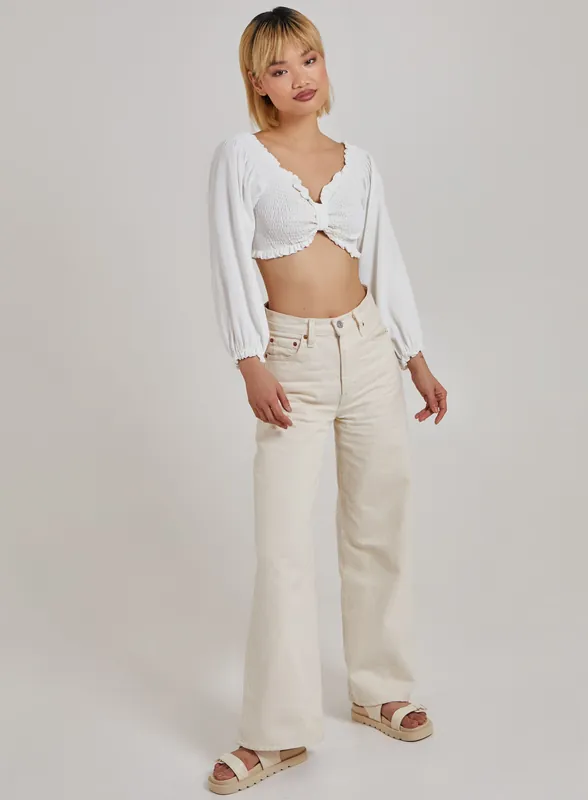 Twist Front Balloon Sleeve Crop Top - Pink Vanilla