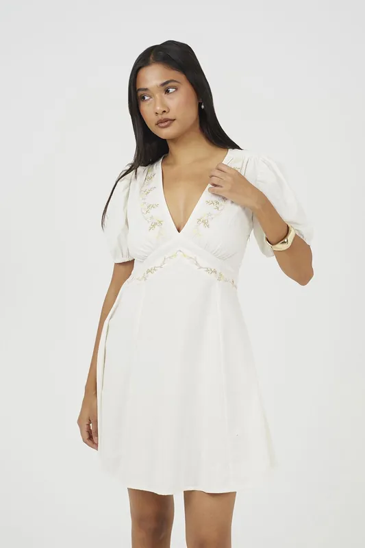 Puff Sleeve Mini Dress With Floral Embroidery - Brave Soul