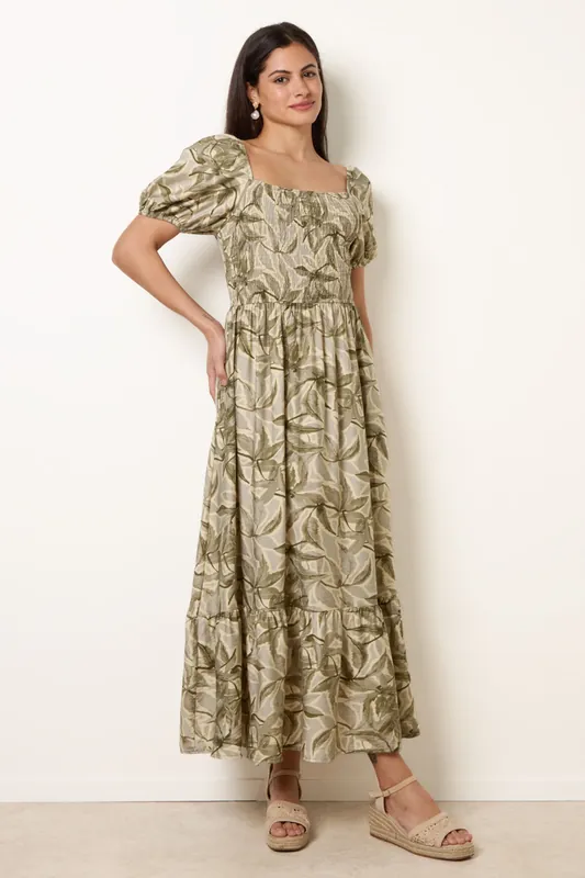 Green Large Floral Printed Square Neck Puff Sleeve Dress - Blue Vanilla