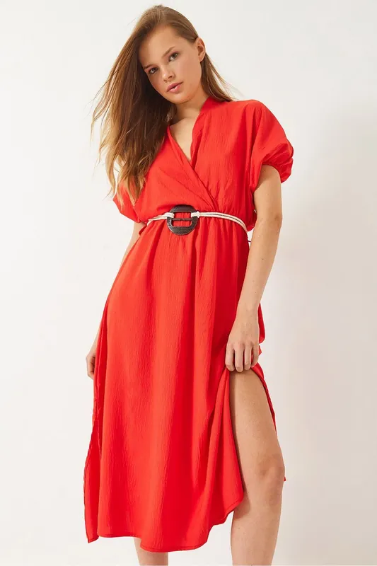 Belted V-Neck Midi Dress