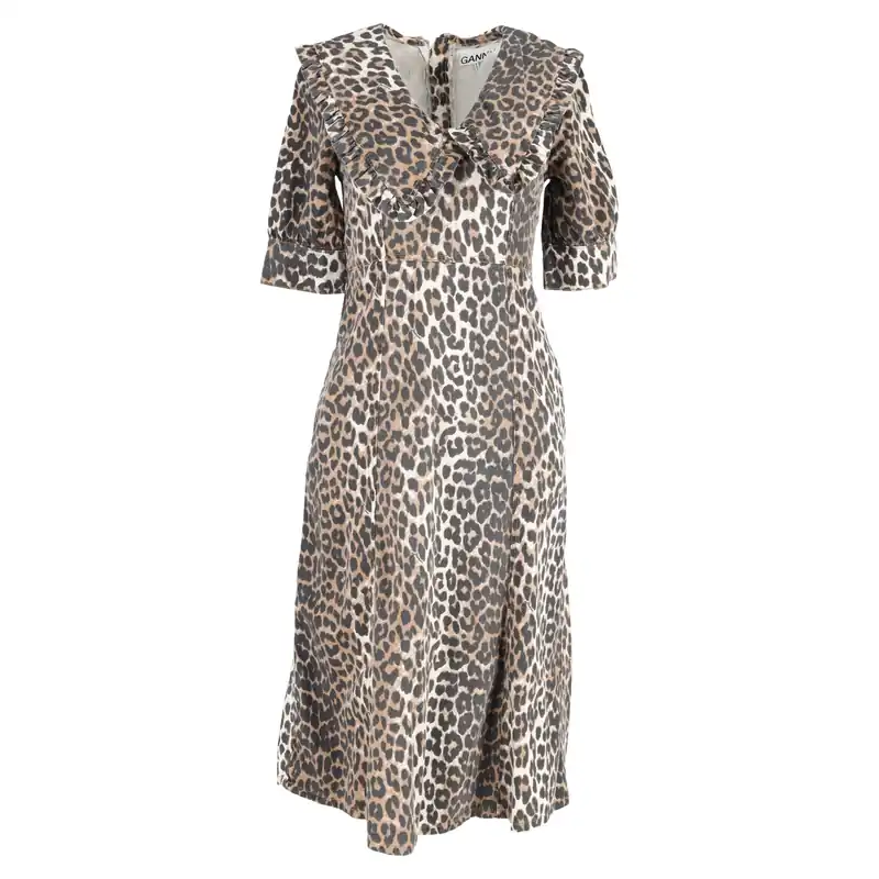 Preloved Leopard Print Midi Dress in Brown Cotton - Ganni