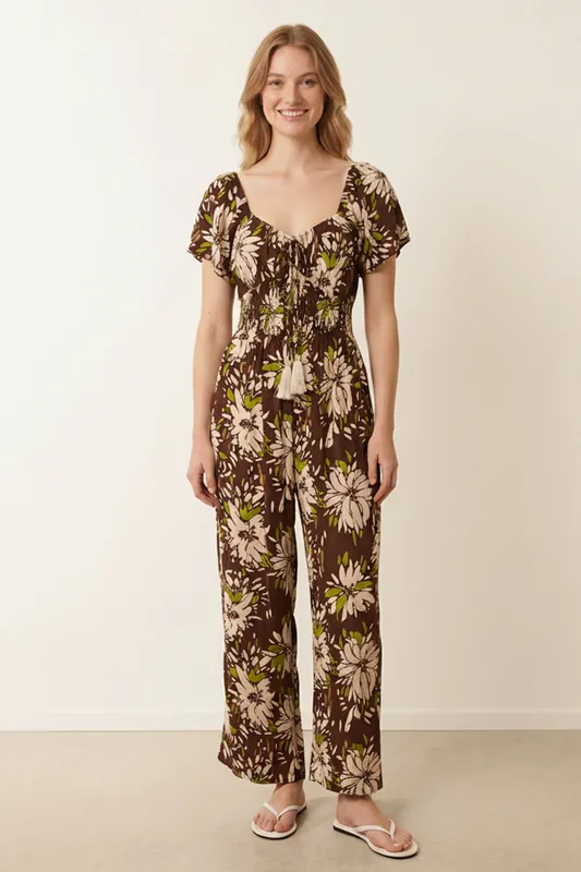Brown Shirred Waist Wide Leg Jumpsuit - Blue Vanilla