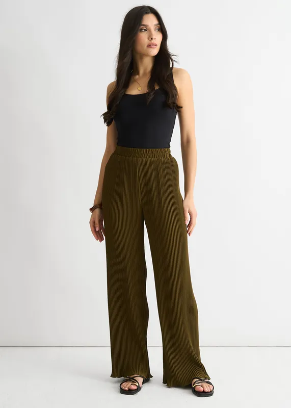 Olive Plisse Loungewear Wide Leg Trouser - Gini London