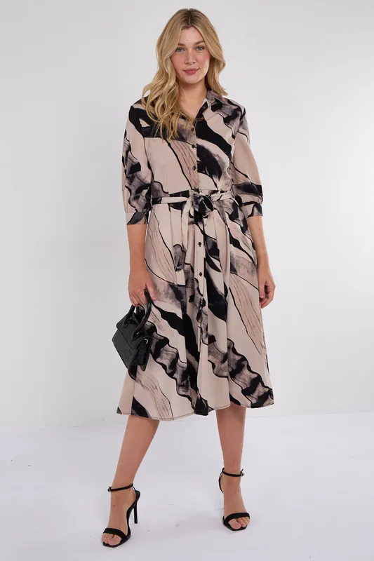Beige Abstract Print Half Sleeve Black Midi Shirt Dress - Love Sunshine
