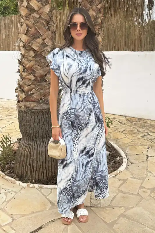 Blue Abstract Animal Print Flutter Sleeve Midi Dress - AX Paris