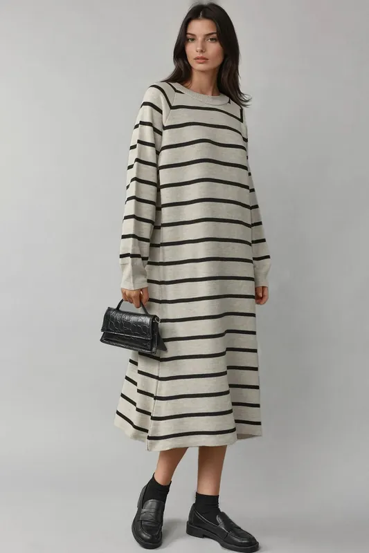 Long Sleeve Striped Ribbed Knit Dress - MyFashion