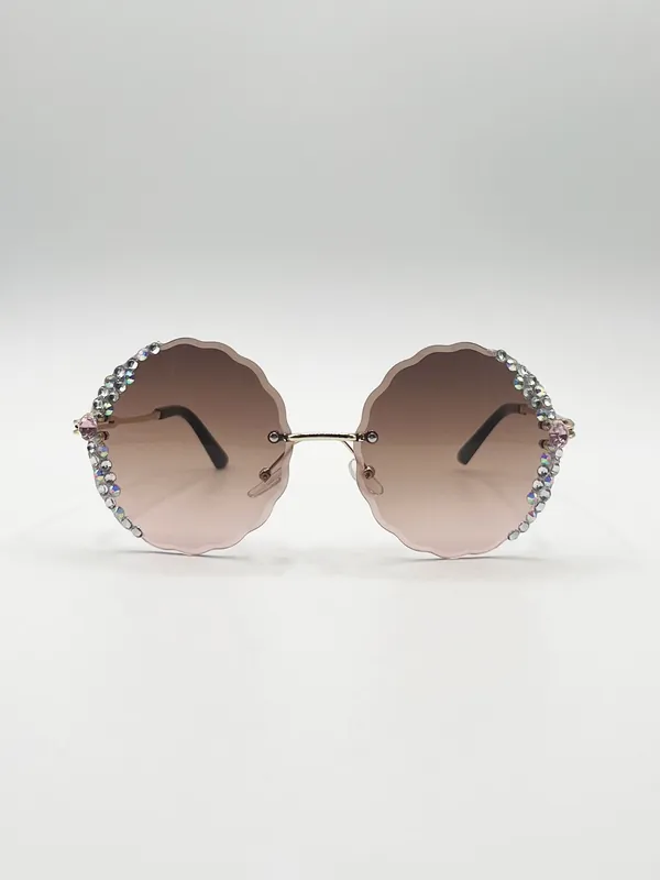 Oversized Round Frameless Sunglasses with Crystal Detail in Brown - SVNX
