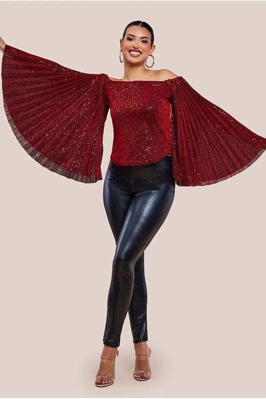 Sequin Sparkling Bardot Pleated Sleeve Top - Goddiva