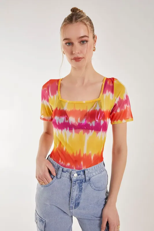 Tie Dye Mesh Square Neck Bodysuit - Pink Vanilla