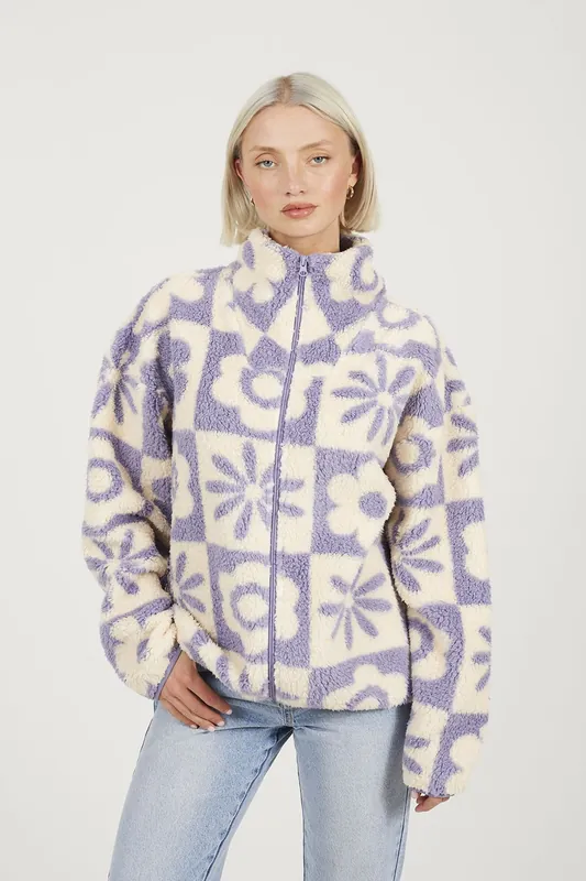 Graphic Flower Print Zip Through Sherpa Fleece - Brave Soul