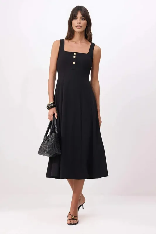 Square Neck Button Detail Sleeveless Midi Dress with A-Line Fit