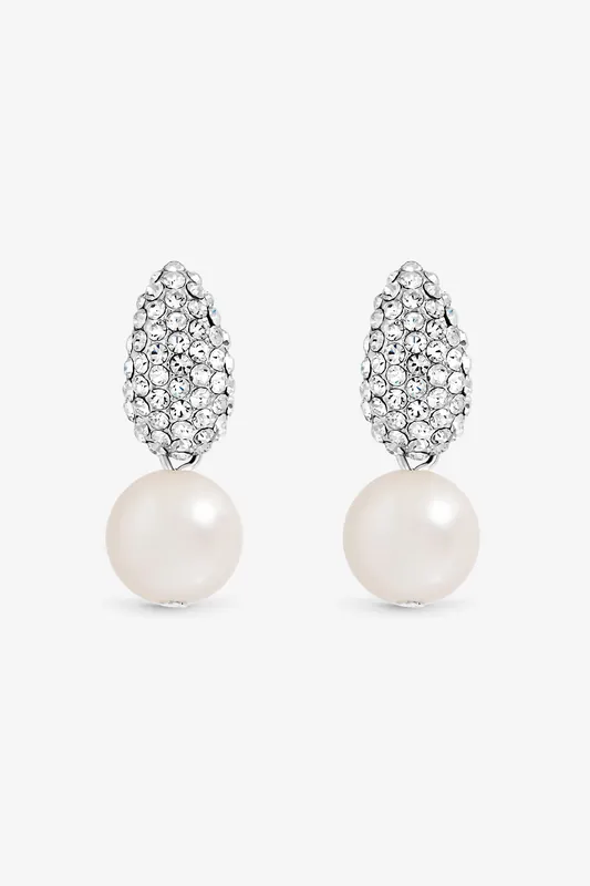 Rhodium Plated Pave and Pearl Drop Earrings - Jon Richard