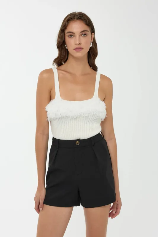 Slim Fit Square Neck Ribbed Knit Top with Fringe Detail - Hiccup