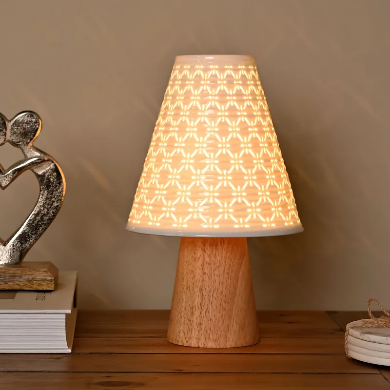 White Ceramic Table Lamp With Wooden Base - Hestia