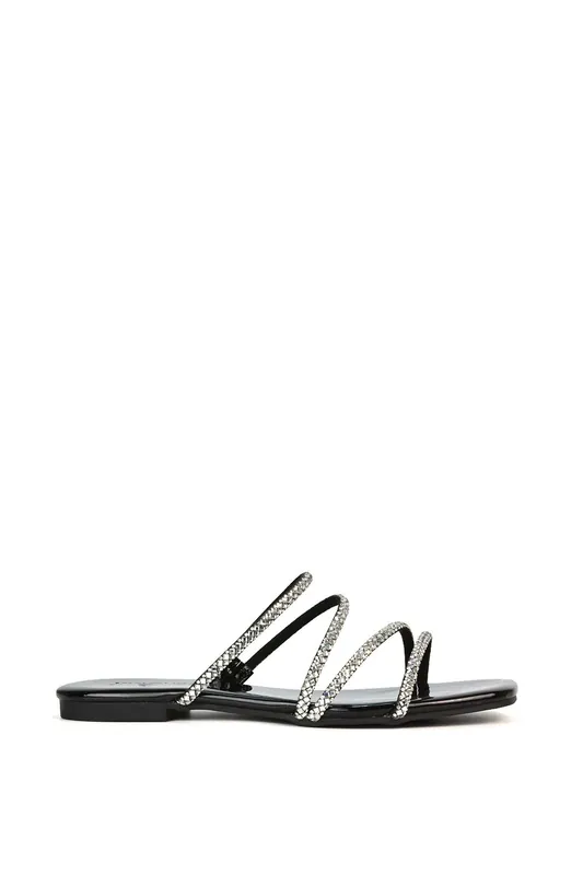 Kiki' Flat Diamante Slider Sandal Shoes With Square Toe - XY London