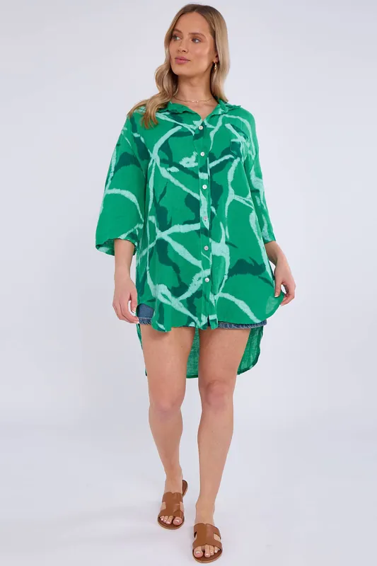 Green Linen Abstract Print Mini Shirt Dress - Gini London
