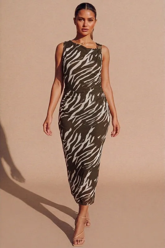 Olive Zebra Print Ruched Sleeveless Bodycon Dress- Vanila