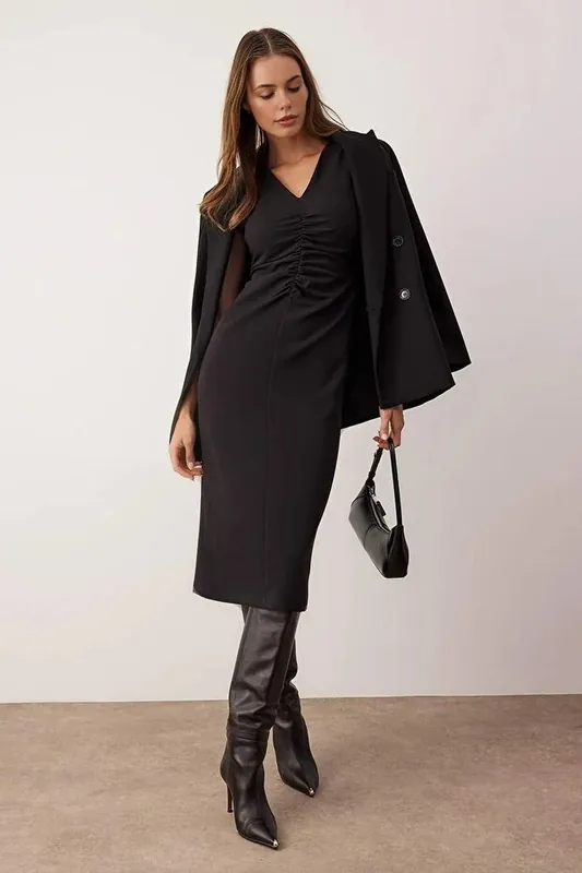 Ruched Front V-Neck Midi Woven Dress