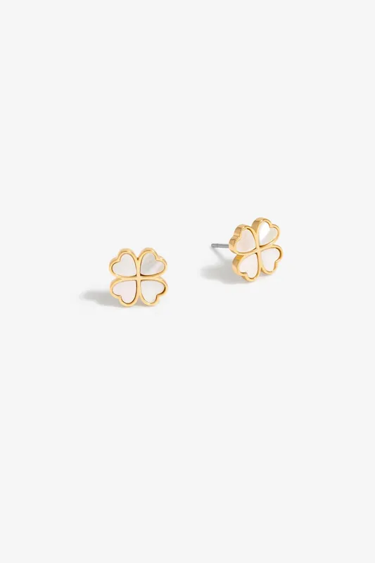 Gold Plated And Mother Of Pearl Heart Clover Stud Earrings - Jon Richard