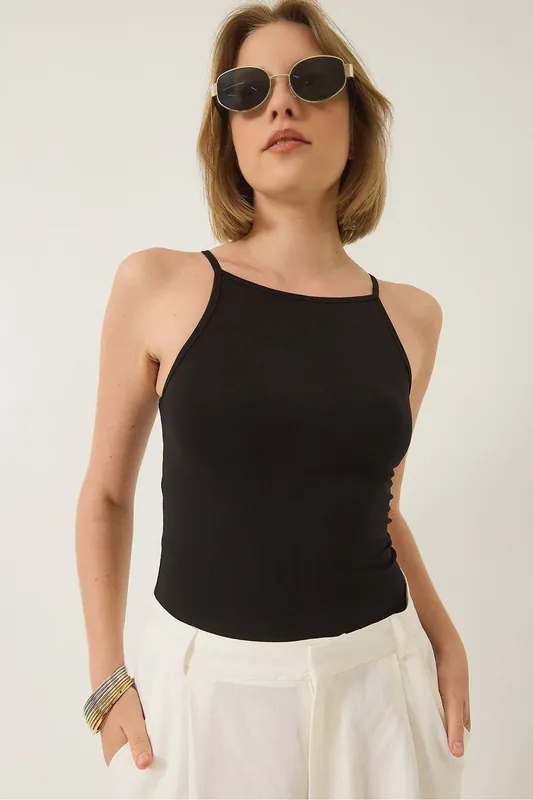 Fitted Cotton Blend Halter Neck Cami Top - Bianco Lucci