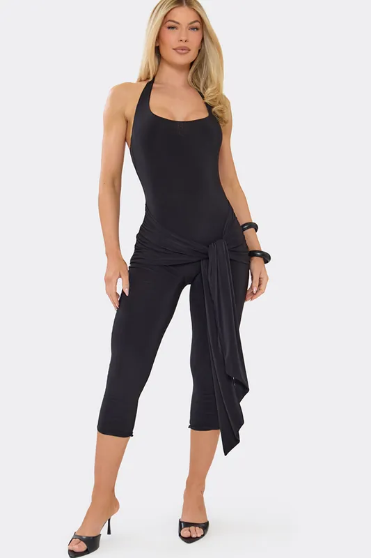 Sleeveless Tie Halter Neck Drape Capri Jumpsuit - EGO