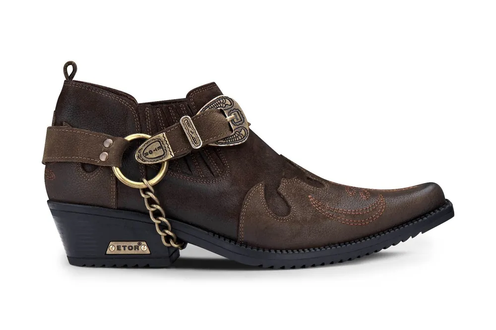 Men's Brown Leather Metal Chain Winklepicker Cowboy Shoes - Infinity Leather