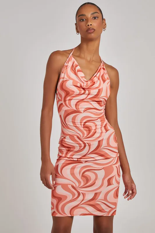 Swirl Print Cowl Neck Mini Dress - Pink Vanilla