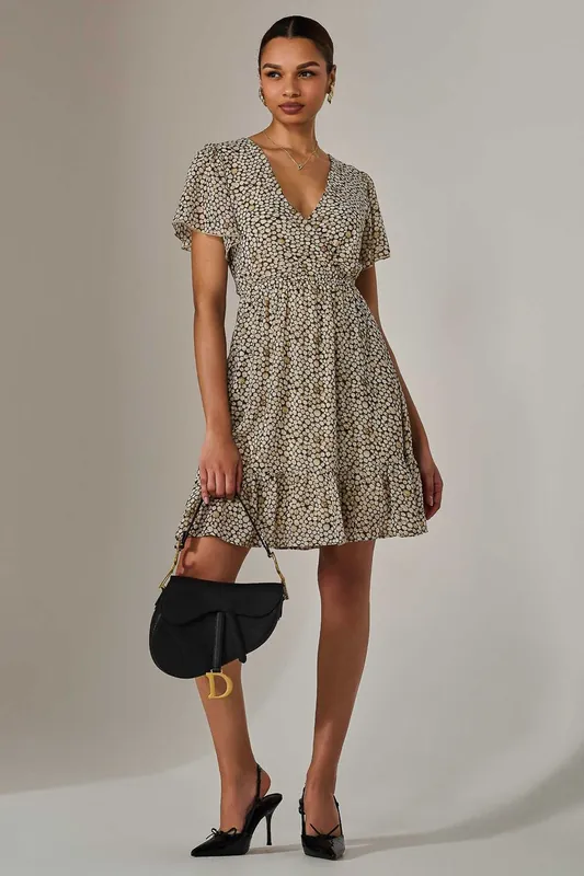 Chiffon Short Sleeve Tie Waist Mini Dress - Jolie Moi