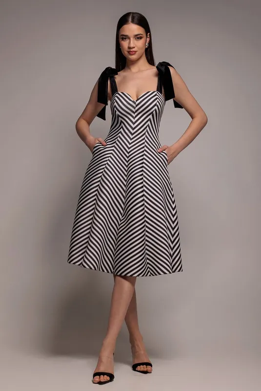 Diagonal Stripe Velvet Bow A Line Midi Dress - Goddiva