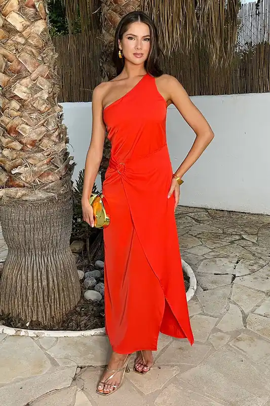 Burnt Orange One Shoulder O-Ring Wrap Skirt Midi Dress