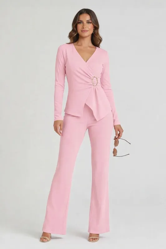 Peplum Wrap Long Sleeve and Wide Leg Trouser Co-ord Set