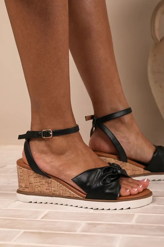 Qween' Knot Detail Wedge Shoes With Buckle Ankle Strap - Where's That From