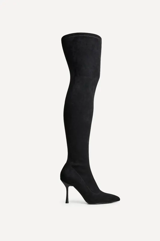 Laney Black Faux Suede Thigh High Strech Stiletto Heel Boot - Linzi