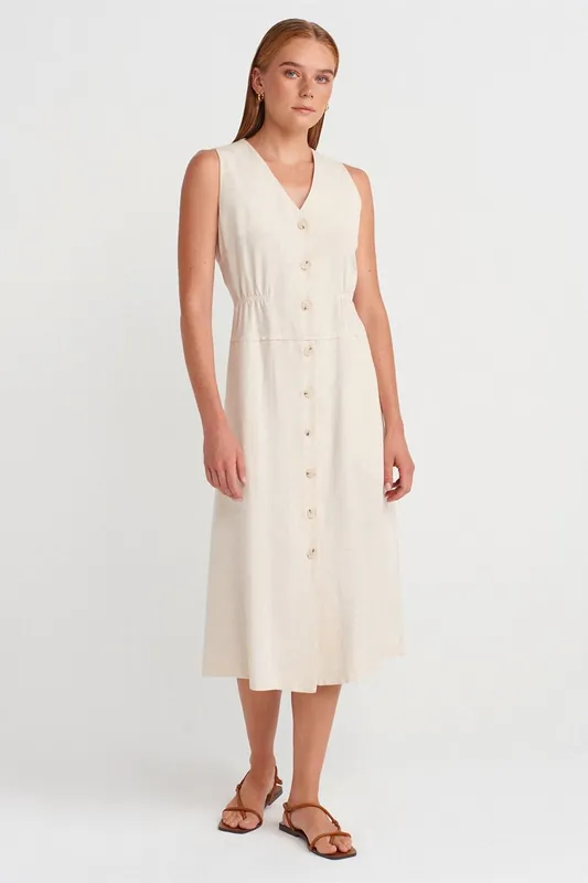 Sleeveless Midi Dress With V-Neck And Buttons