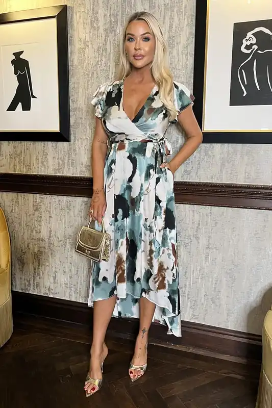 Multi Smudge Print Short Sleeve Belted Wrap Midi Dress - AX Paris