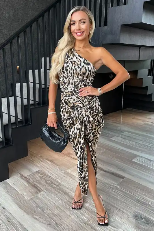 Multi Leopard Print One Shoulder Knot Skirt Satin Midi Dress - AX Paris