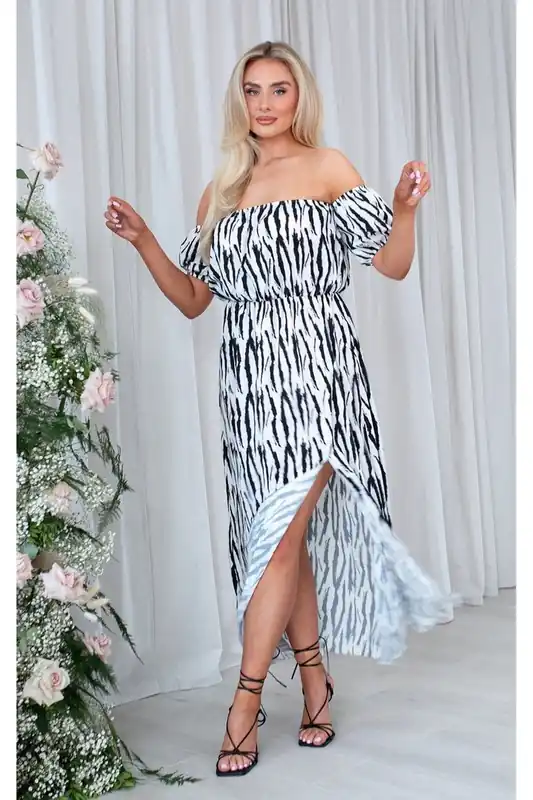 Aliza Off Shoulder Printed Split Midi Dress - IKRUSH
