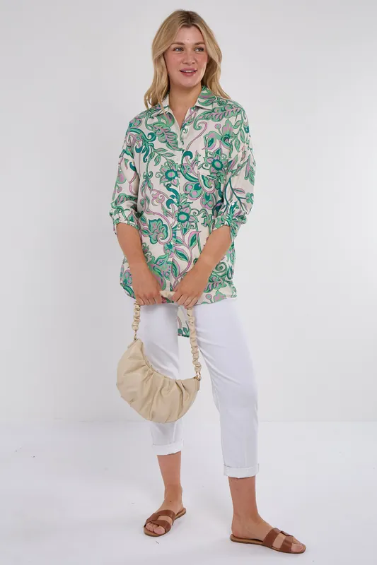 Green and Pink Swirl Floral Print Shirt - Love Sunshine