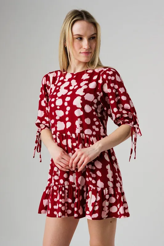 Smudgy Dot Print Tie Sleeve Smock Mini Dress - Wednesday's Girl