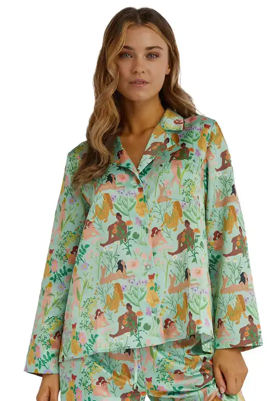 Bodil Jane Nudes And Flowers Drop Hem Satin Long Sleeve 'Pj Top' - Playful Promises