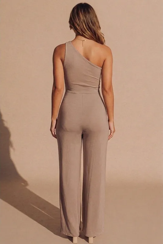 Tie Front Slinky Wide Leg One Shoulder Jumpsuit - Femme Luxe