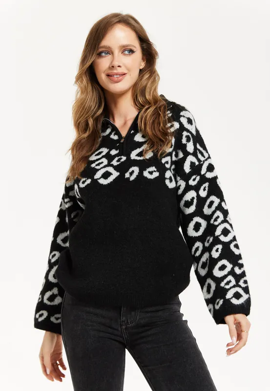 Black And White Jacquard Animal Pattern Jumper With Zip Front - Liquorish